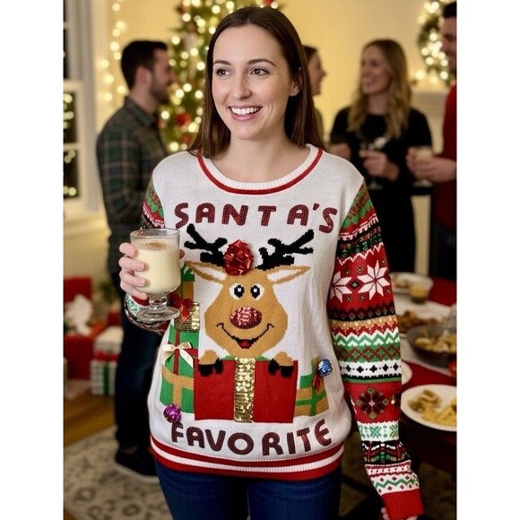 Women’s Ugly Christmas Sweater Santa’s Favorite Reindeer Presents Bows Size 2XL - Picture 2 of 8